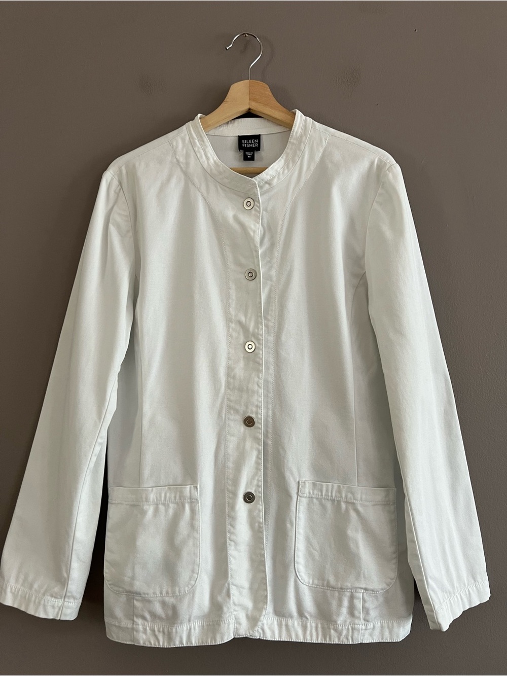 Eileen Fisher White Cotton Utility Jacket Snap Front Nickel Buttons Pockets M